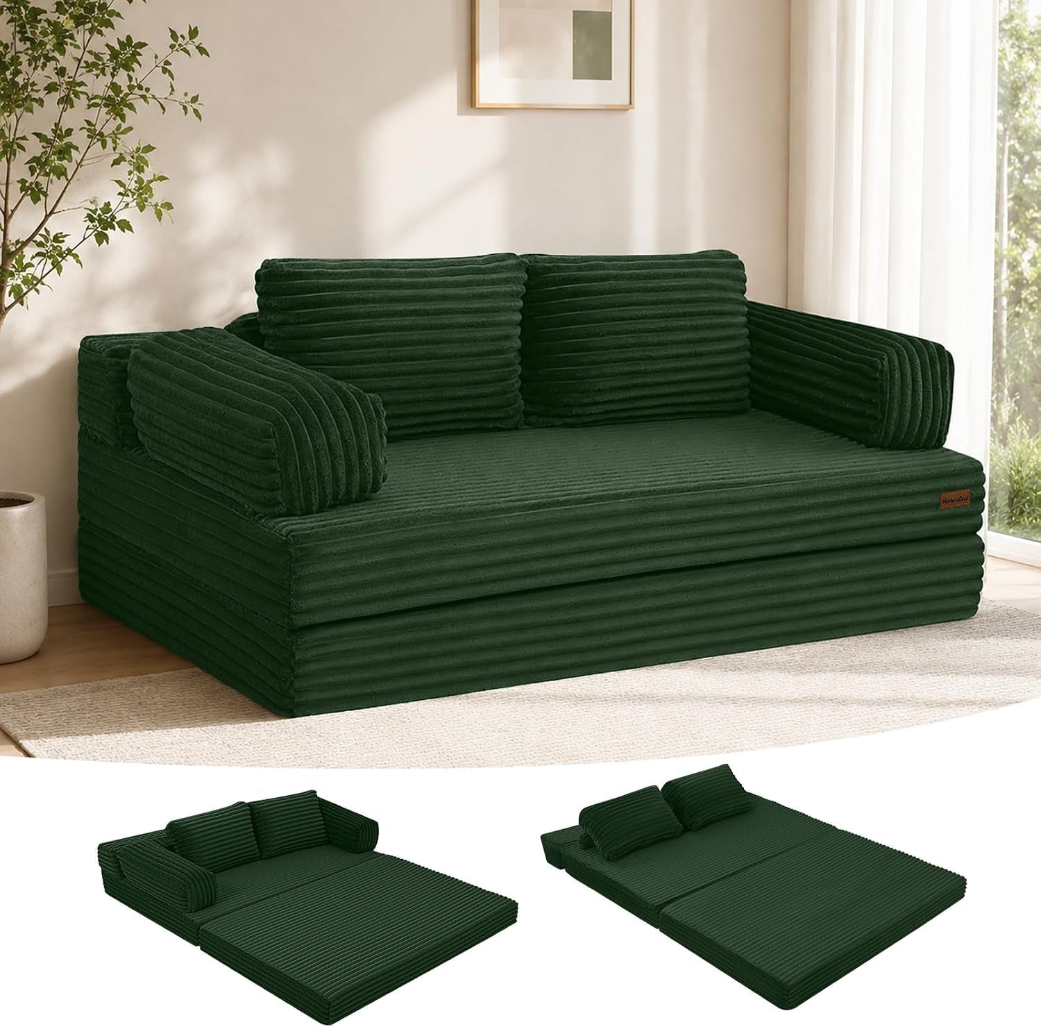 Dark green corduroy loveseat sofa bed with two back cushions and rolled arm bolsters.