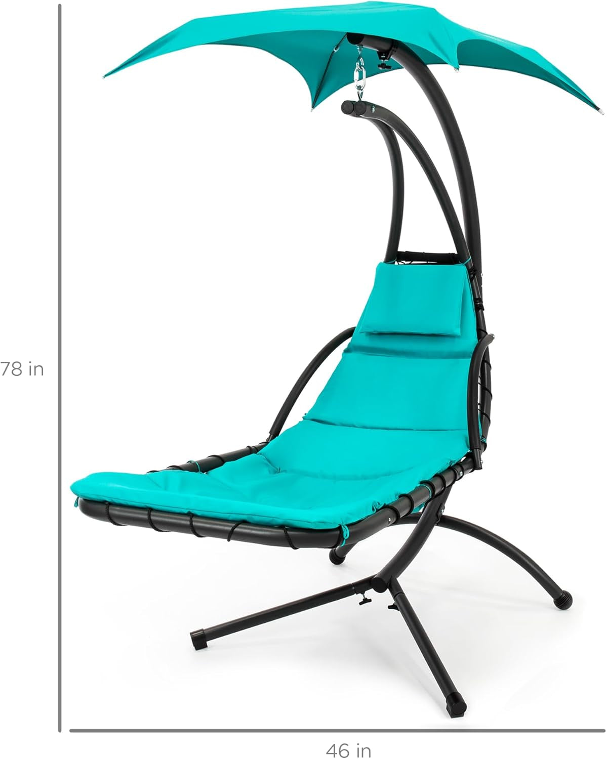Three-quarter view of the teal hanging chaise showing the curved frame, canopy and front support legs.
