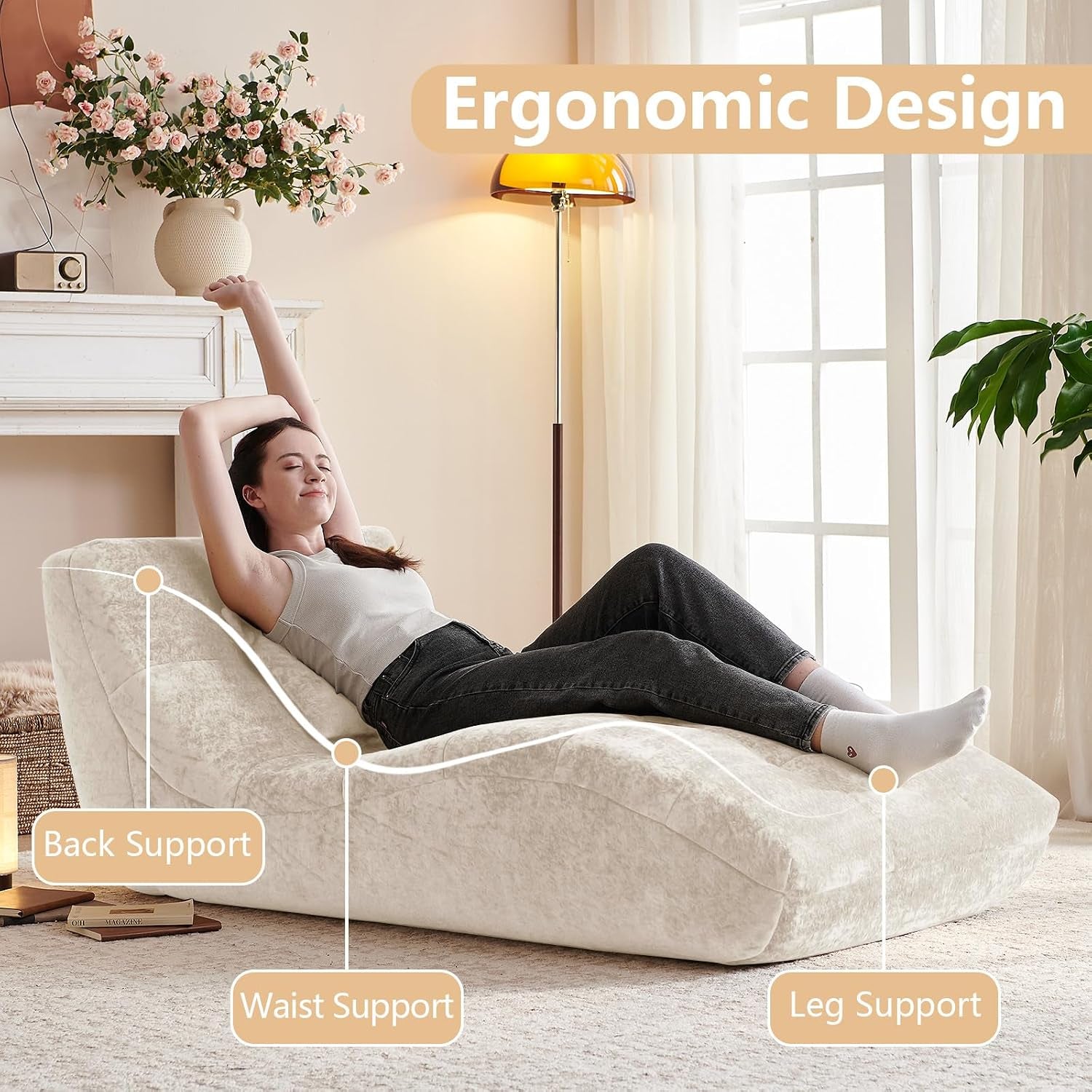 Person reclining on beige chaise lounge demonstrating ergonomic back, waist, and leg support points in a living room