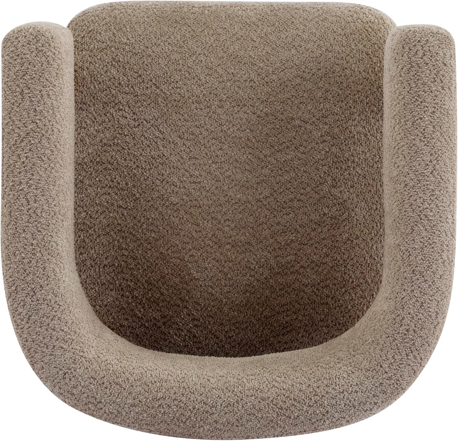 Top-down view of a rounded low-profile boucle armchair in light camel, showing curved back and seat