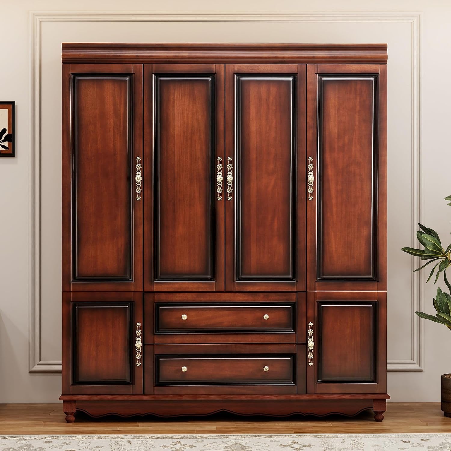 Cherry finish solid wood 4-door wardrobe armoire front view with two drawers in a staged bedroom
