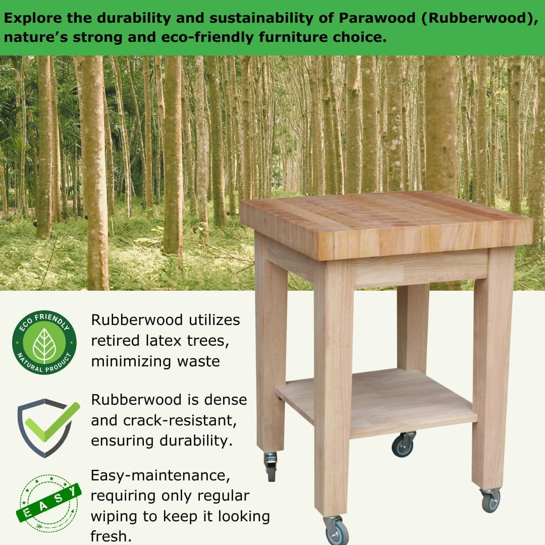 small parawood island cart placed against a forest of trees, showing the block-style top, lower shelf and casters