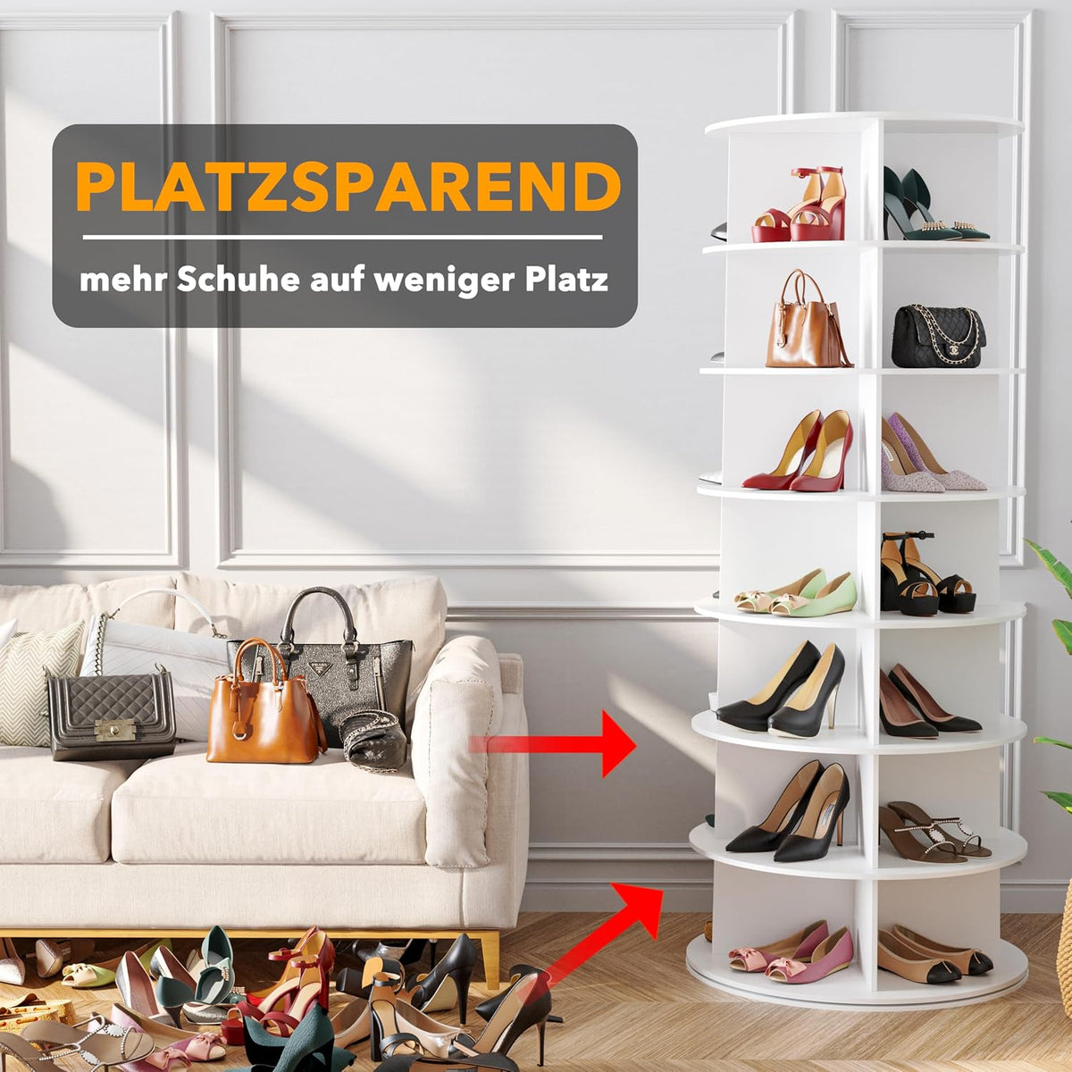 White rotating shoe rack next to a sofa in a living room with German 'PLATZSPAREND' text overlay illustrating space saving