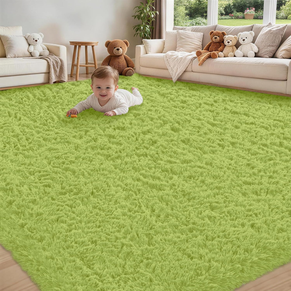 Baby crawling on a bright lime-green shag rug in a cozy living room with neutral sofas.