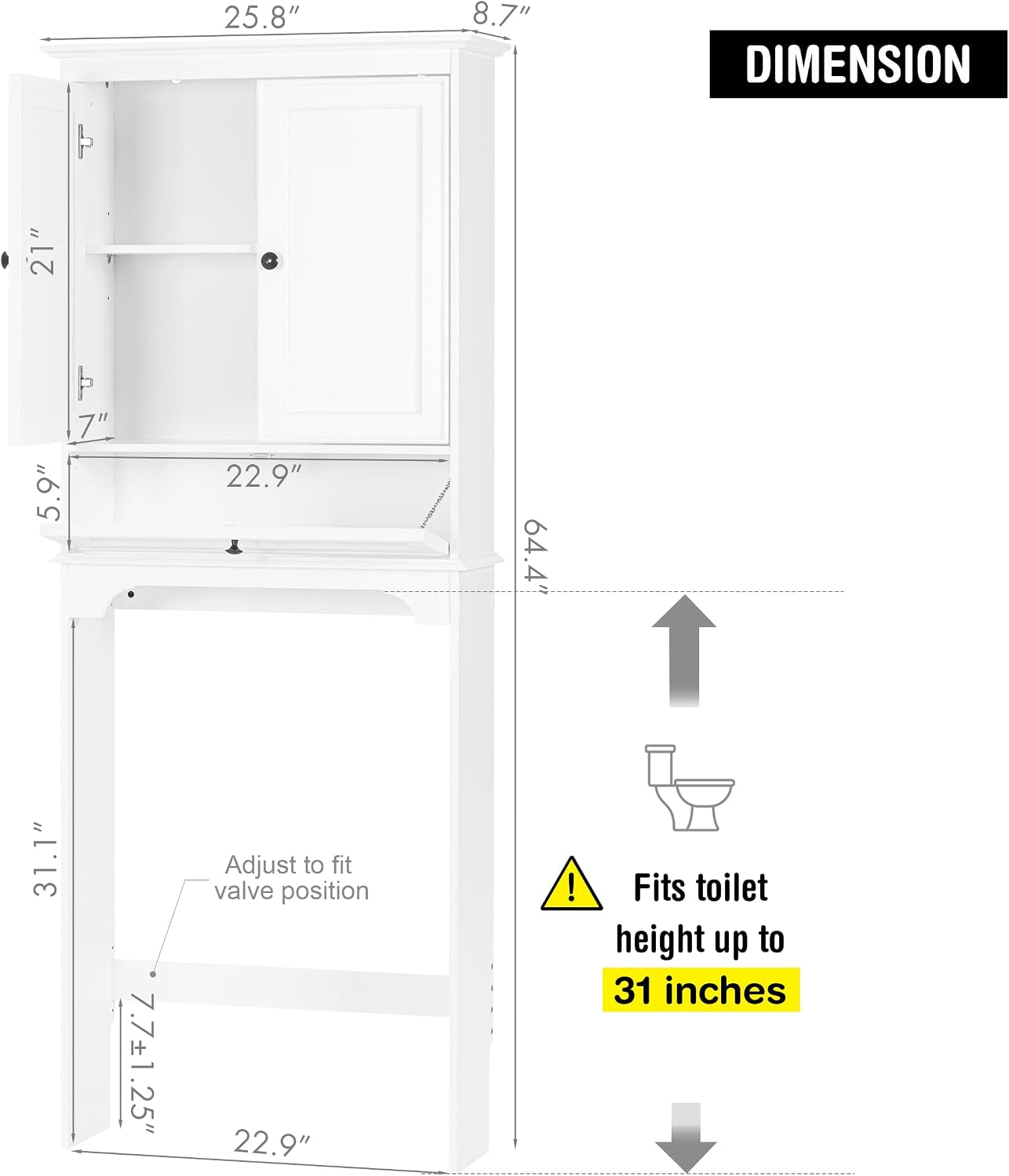 Line-drawing dimension graphic of the white over-the-toilet cabinet showing overall height, width and depth measurements
