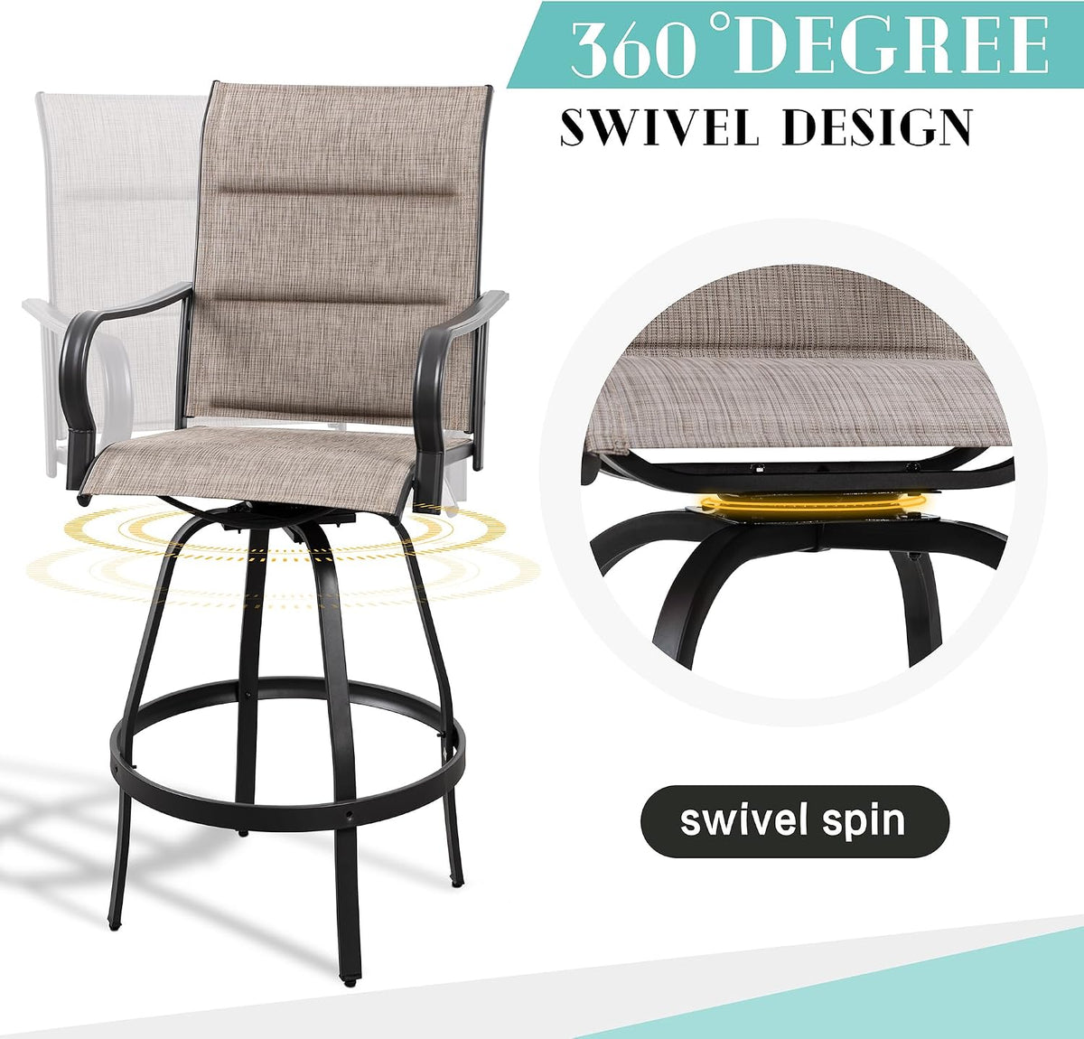 Single taupe swivel bar chair highlighting circular footrest and 360-degree swivel mechanism in front view