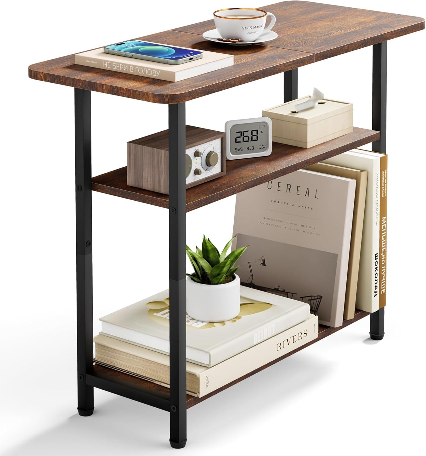 Rustic brown wood-top narrow side table with black steel frame, angled front view showing three shelves