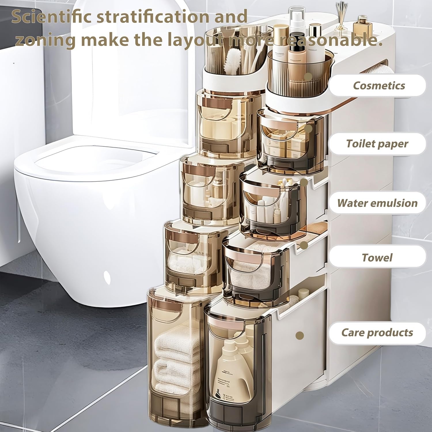Close-up of stacked translucent drawers filled with toiletries and towels beside a toilet, side view