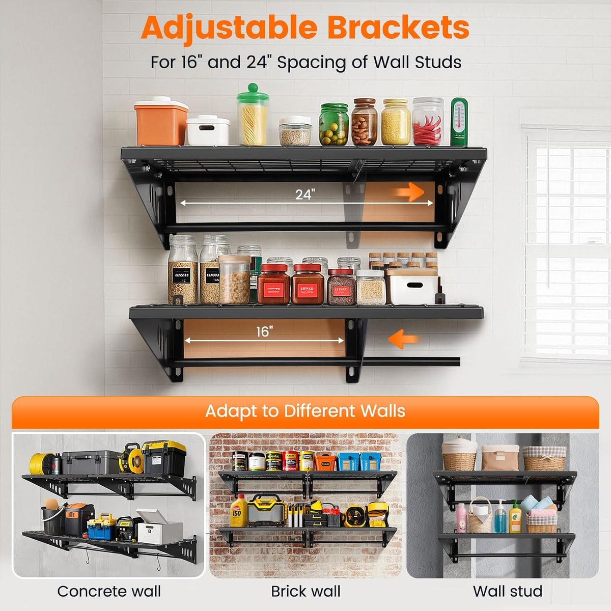 Two black shelves installed over jars demonstrating adjustable brackets for 16" and 24" stud spacing and varied wall types