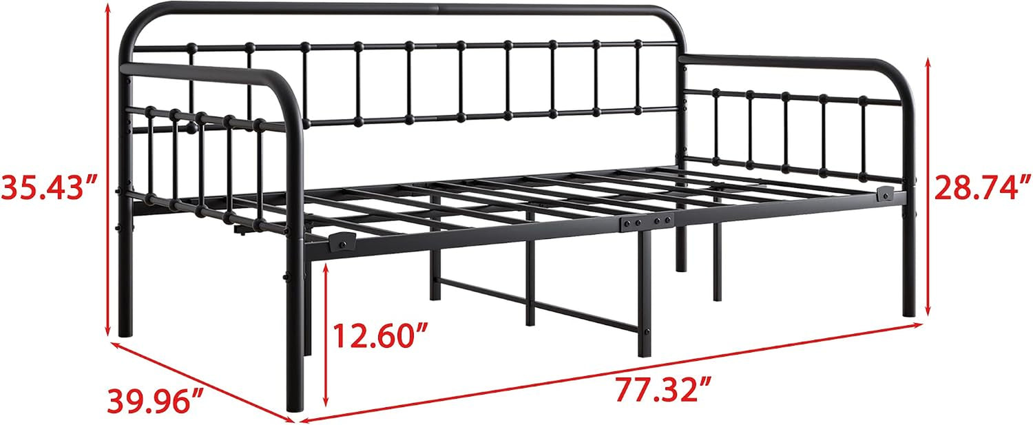 Daybed frame with red measurement overlays showing overall dimensions and 12.60" under-bed clearance