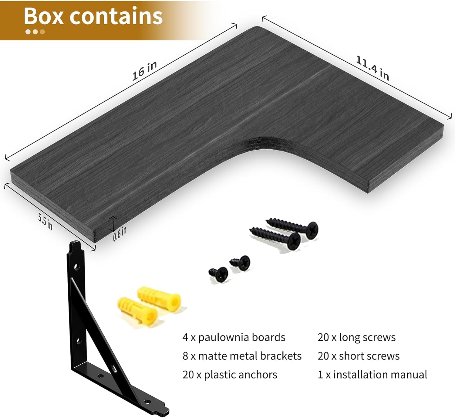 Exploded view showing one Paulownia shelf with black metal bracket, screws and anchors