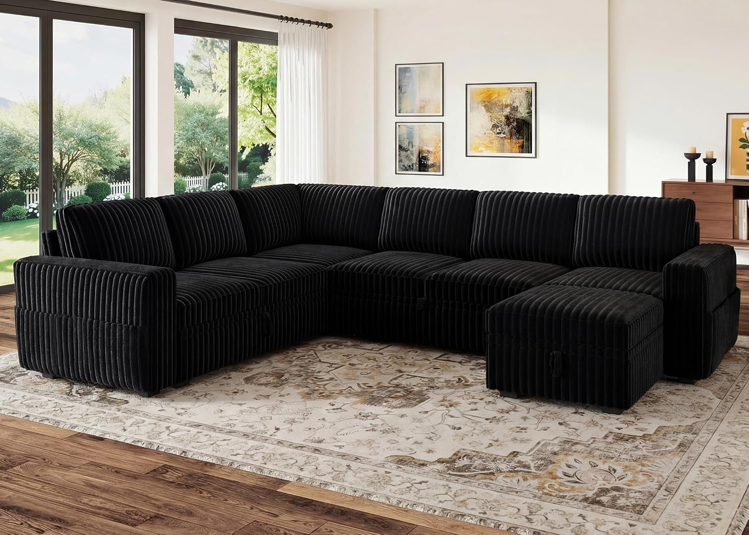 Modular Sectional Sleeper Sofa with Pull Out Bed,Corduroy U Shaped Couch with Storage, Sectional Couches for Living Room,Black