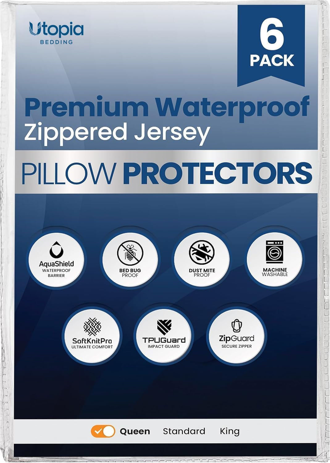 Front of blue pillow protector package showing feature icons and a checked 'Queen' size option