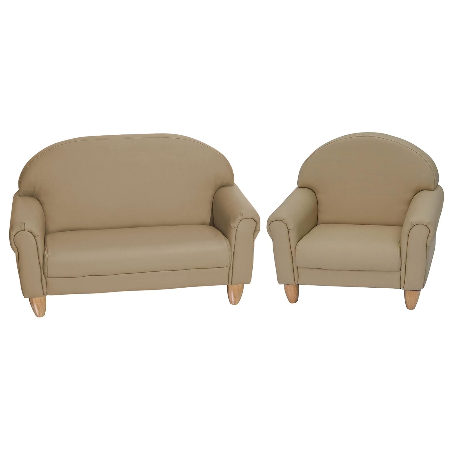 Two-piece kids set: a small sofa and matching armchair in beige with light wood legs.