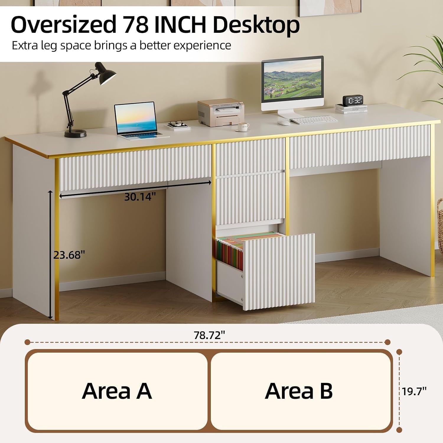 Front view of the desk showing open filing drawer and a schematic below indicating two work areas side by side