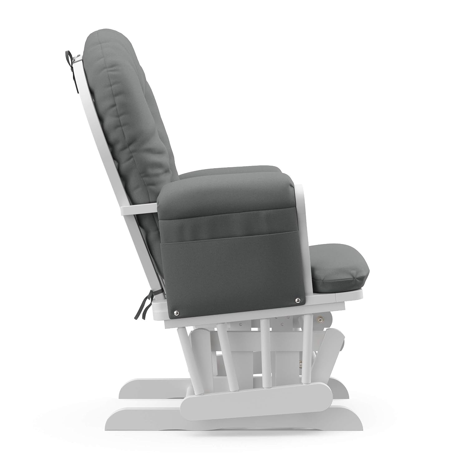 Right-side profile of the glider showing padded arm, pocket and white wooden gliding base.
