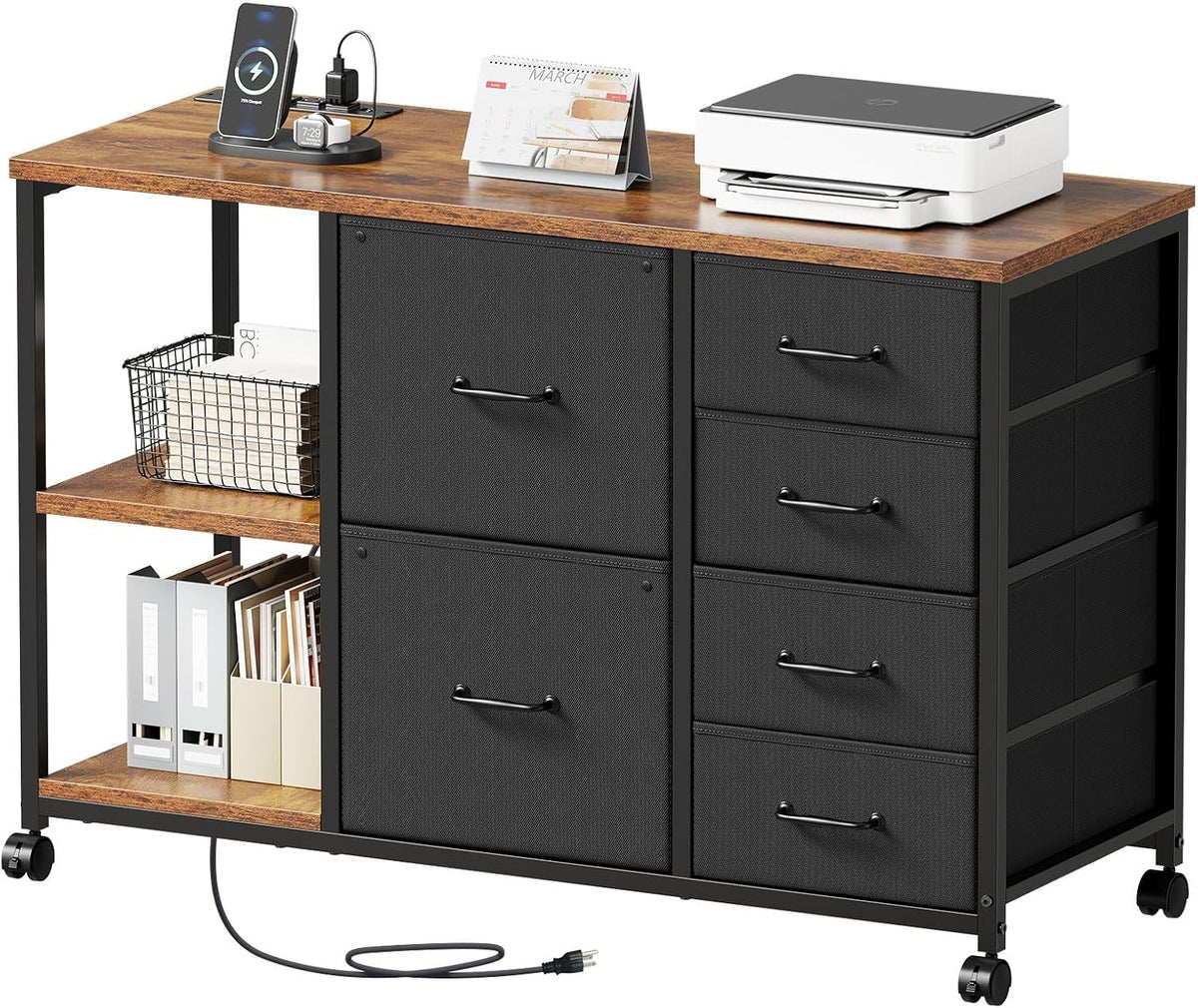 Rolling file cabinet with rustic brown wood top, black fabric drawers, open shelves and caster wheels.