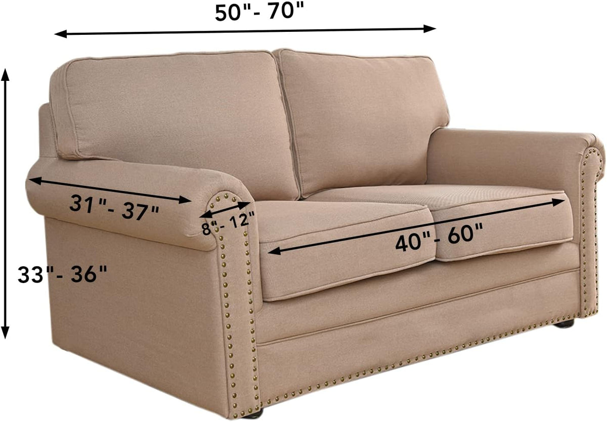 Front three-quarter view of a loveseat with black arrows indicating multiple measured dimensions.