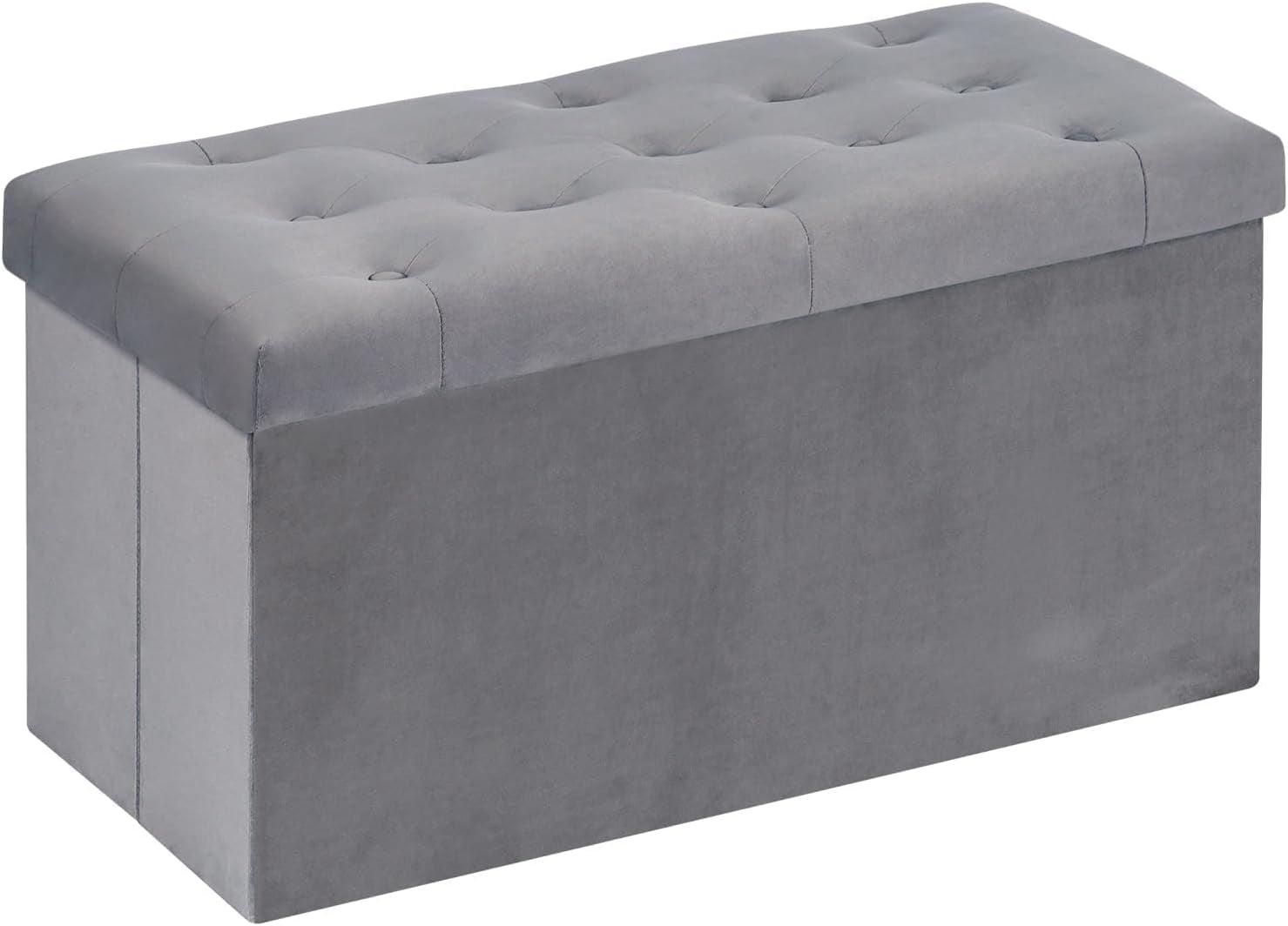 Gray tufted rectangular storage bench with buttoned top on a white background