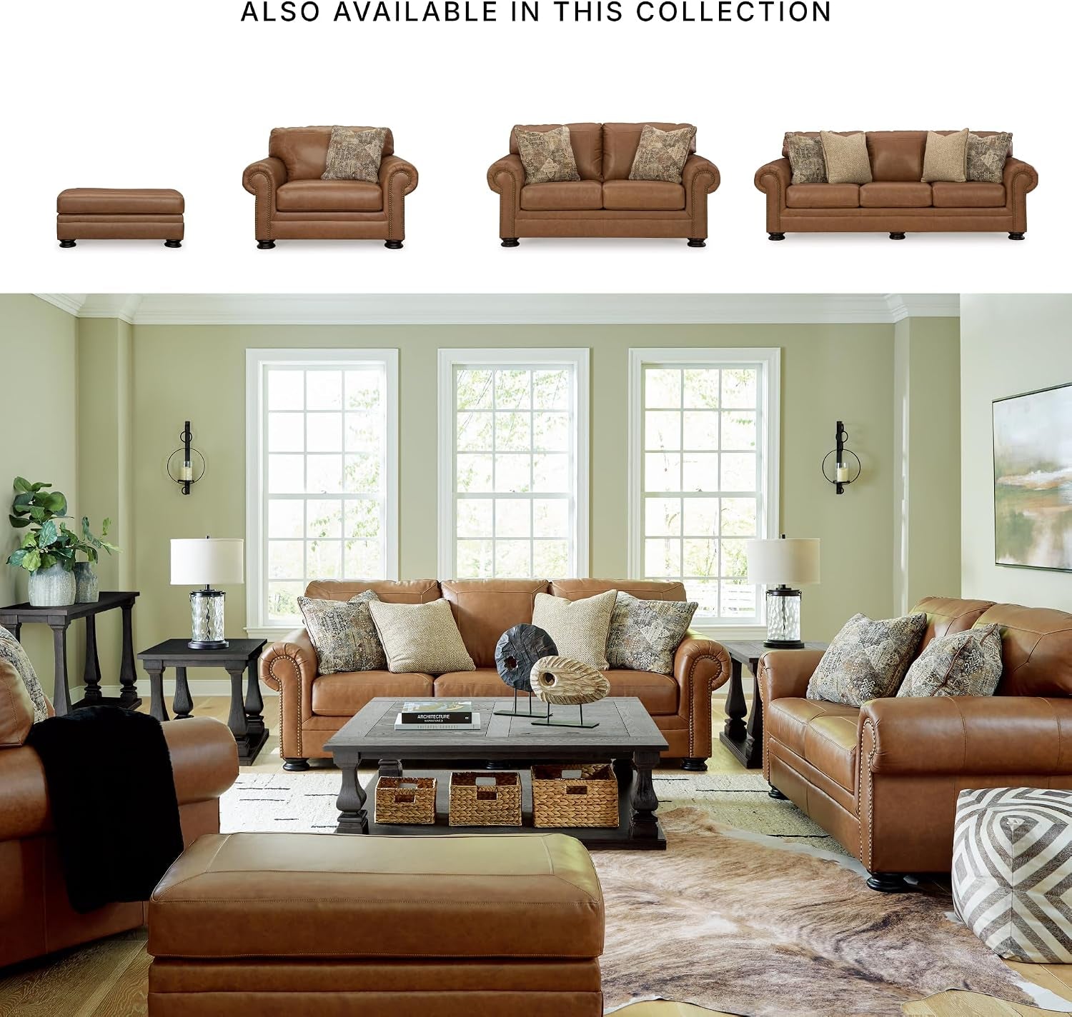 Signature Design by Ashley Carianna Leather Sofa for Living Room, Caramel | Top-Grain Leather Touchpoints, Sag-Resistant Platform Foundation, Classic Rolled Arms with Nailhead Trim