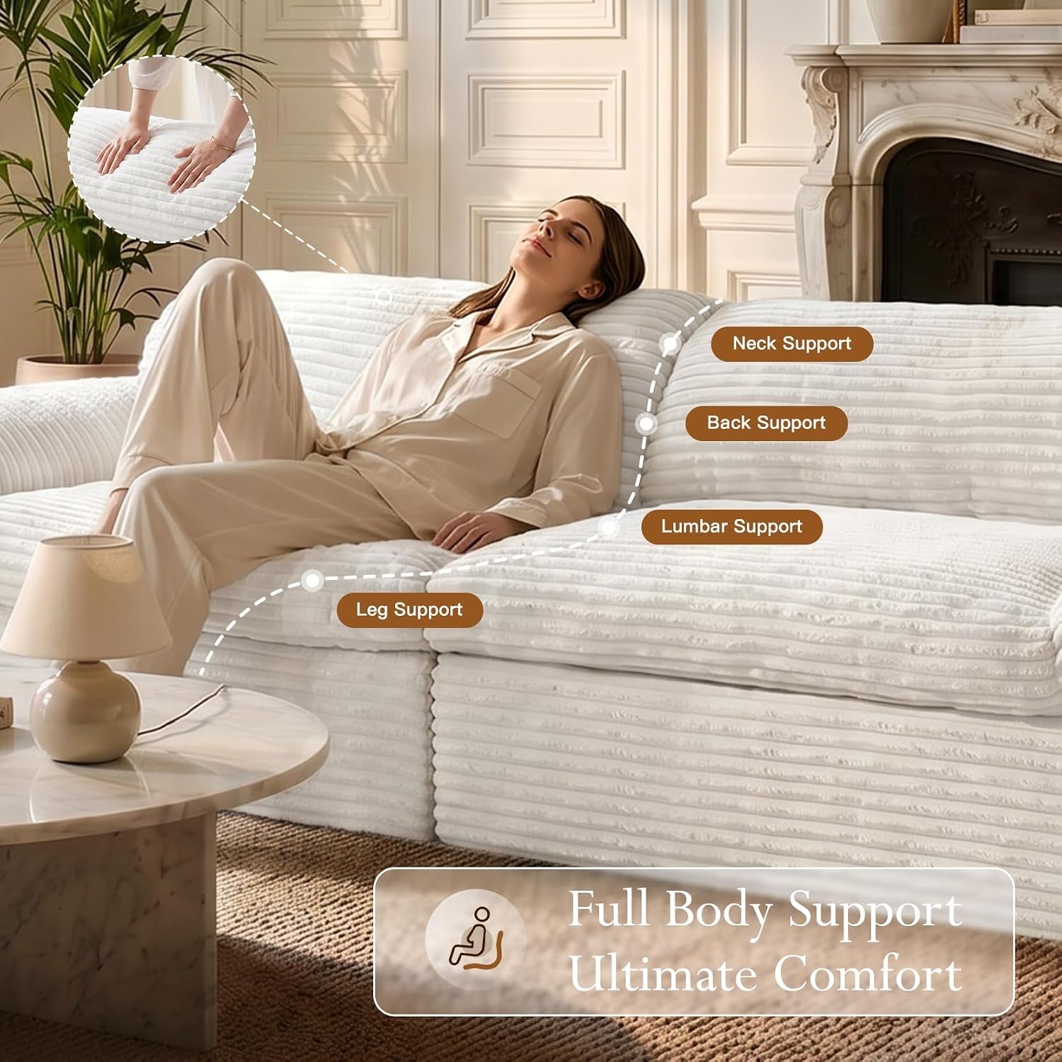 118" Cloud Boneless Couch, 3 Seater Corduroy Sofa, Beige | Modular Sectional Sofa, High-Density Foam, No Assembly Required, Curved Armrest, Apartment, Bedroom, Deep Seat, Pet-Friendly
