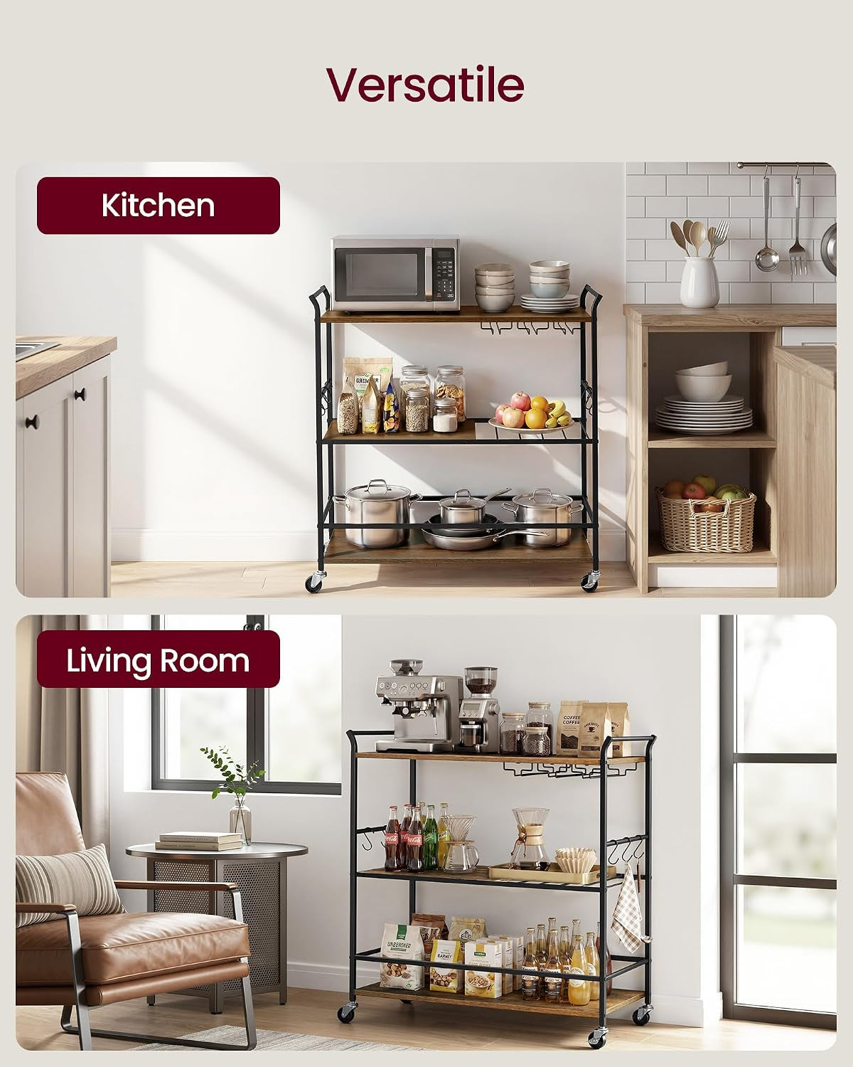 Two-scene collage showing the bar cart used in a kitchen setting and as a coffee station in a living room