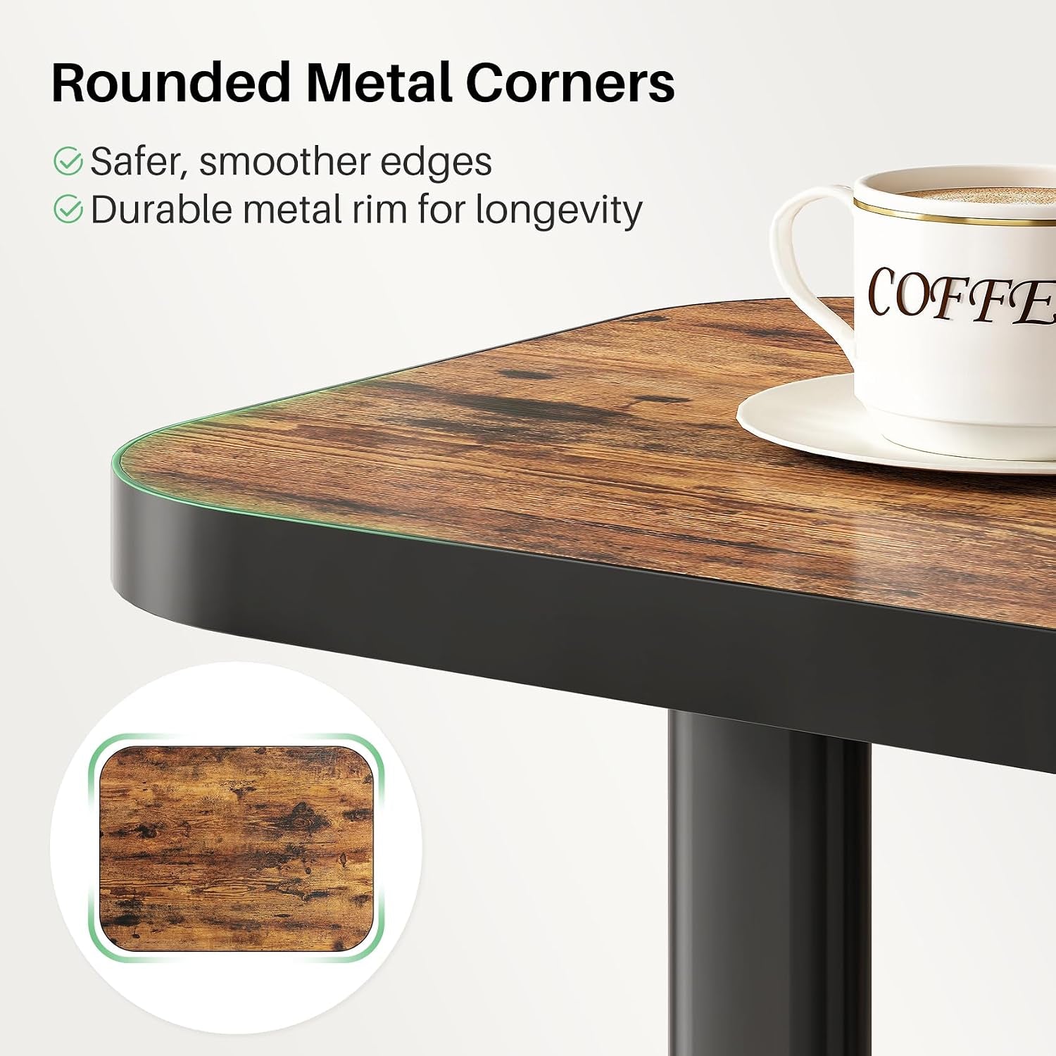 Close-up of rounded metal rim and wood-finish tabletop with a coffee cup