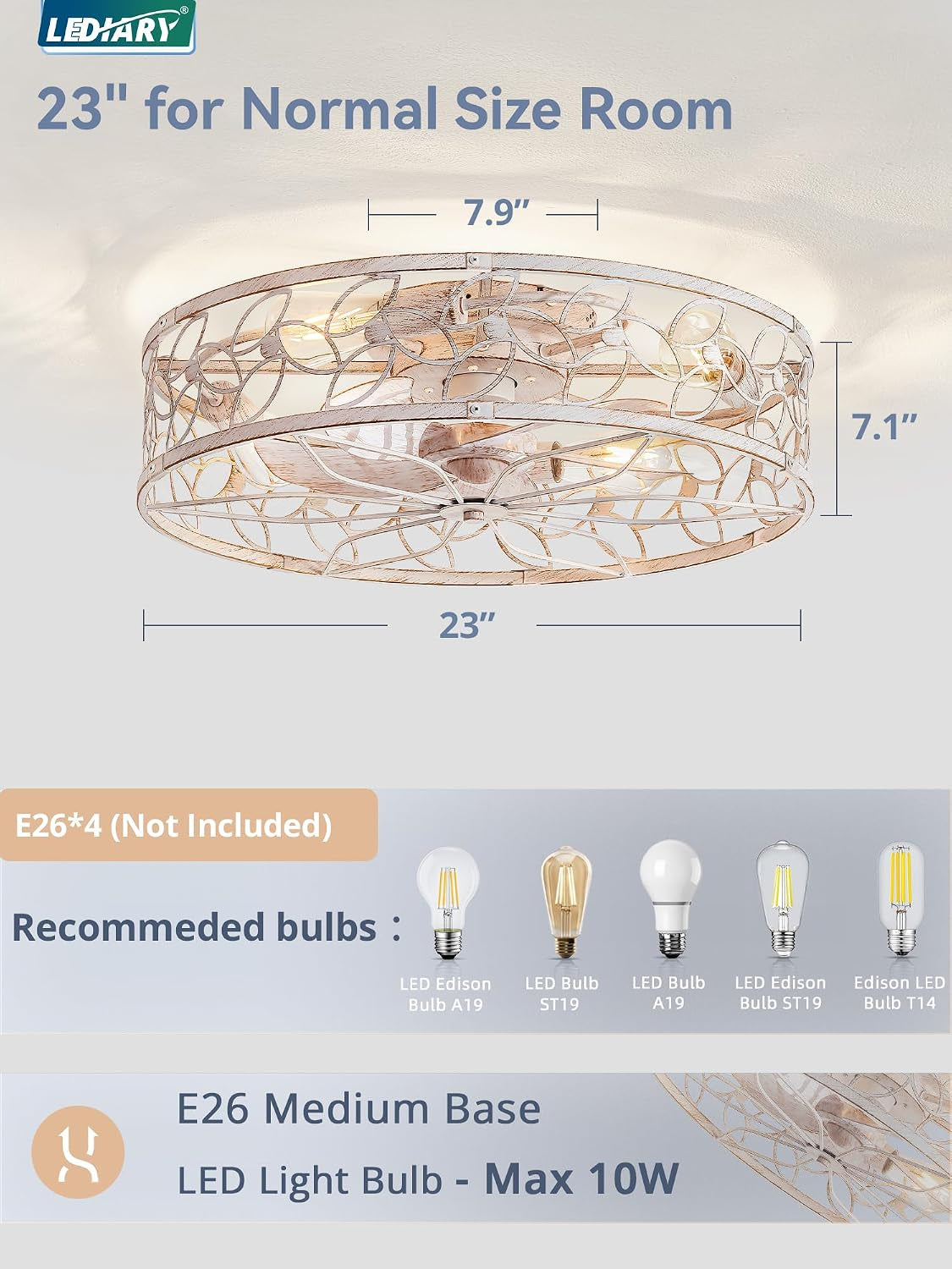 Dimension diagram of the caged fan showing 23-inch diameter, 7.1-inch height and E26 bulb recommendations