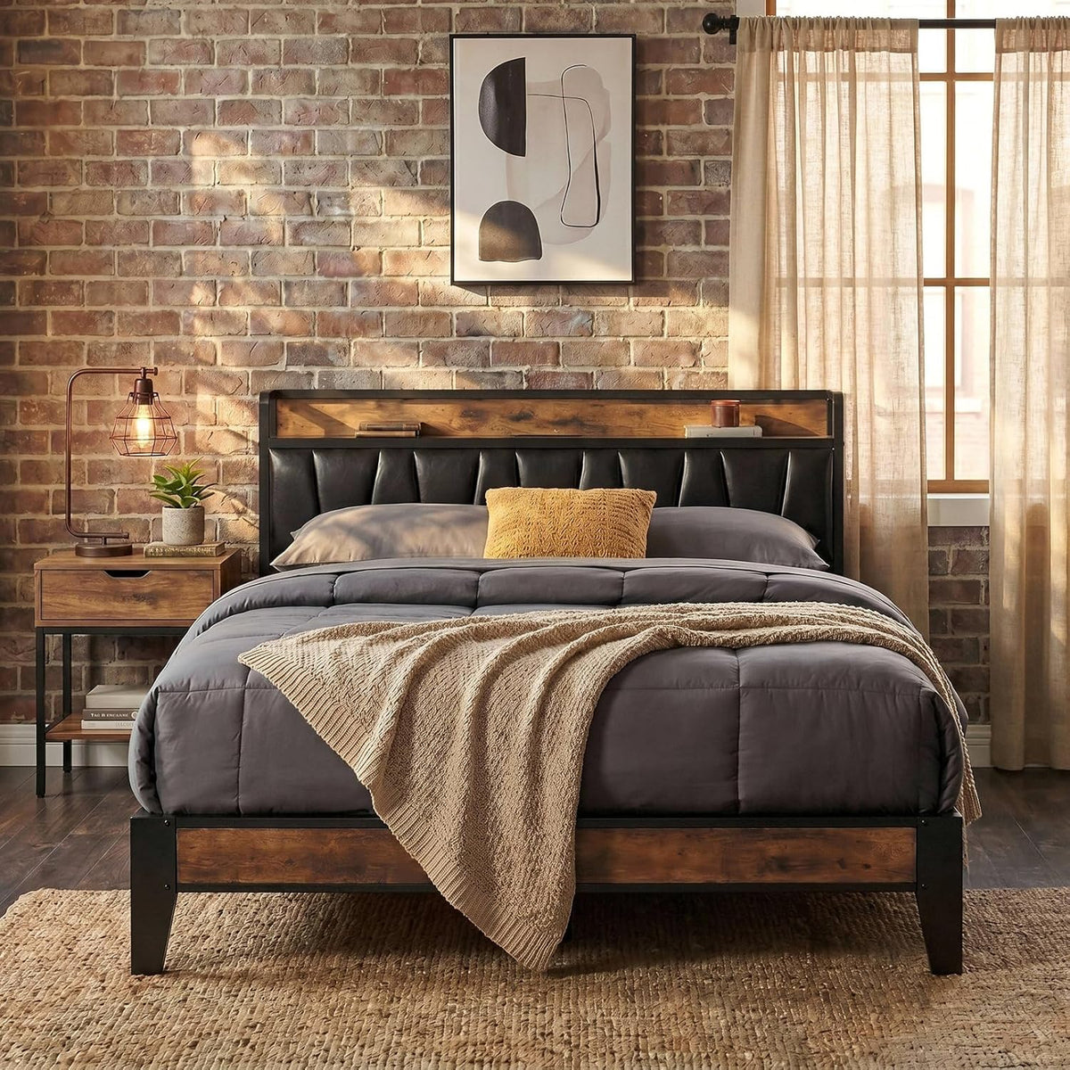 Front-facing bedroom scene showing a king platform bed with wood-accent headboard and dark tufted upholstery.