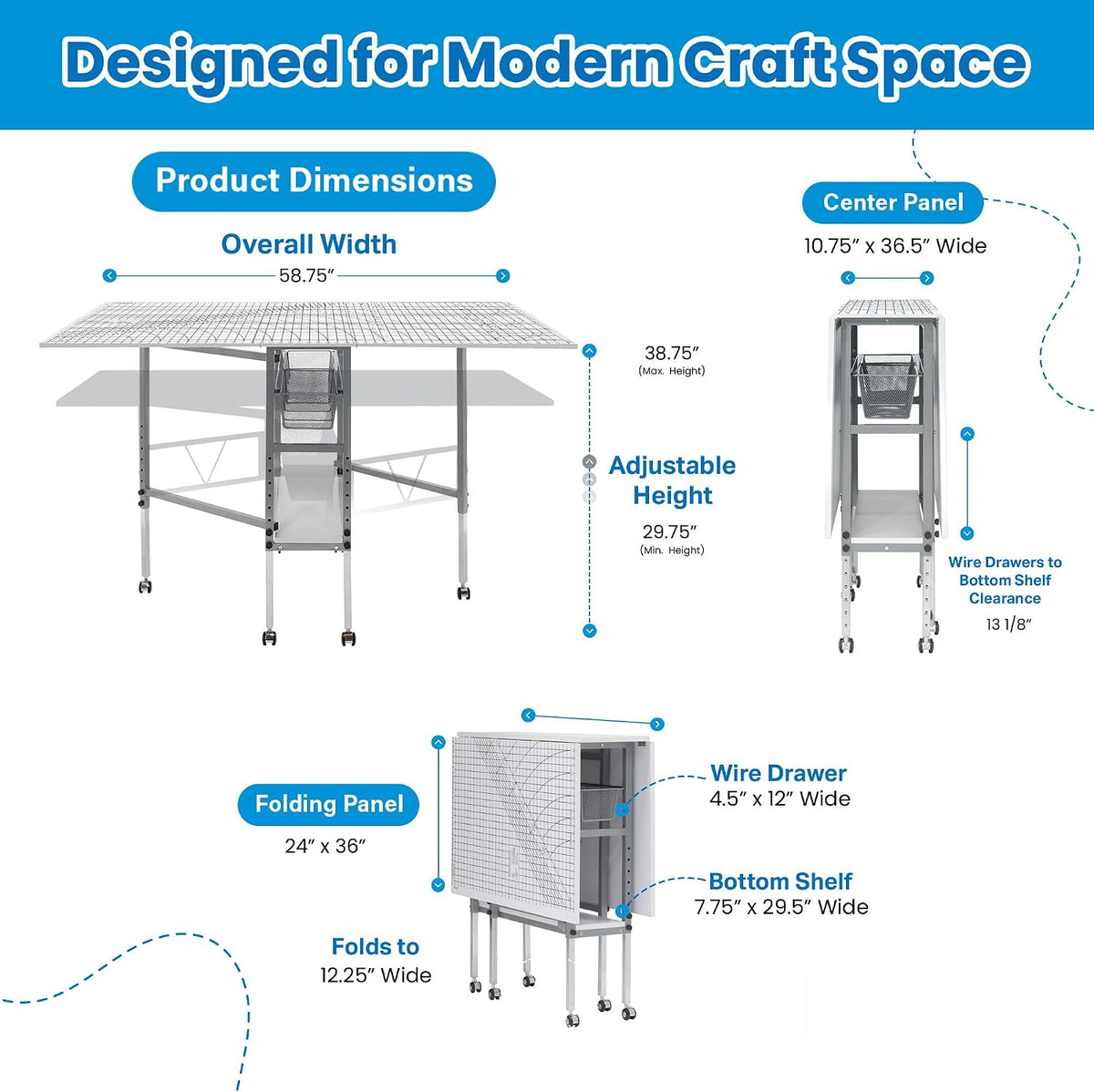 Product diagram showing the table unfolded and folded with illustrated measurements and a side view of the center panel