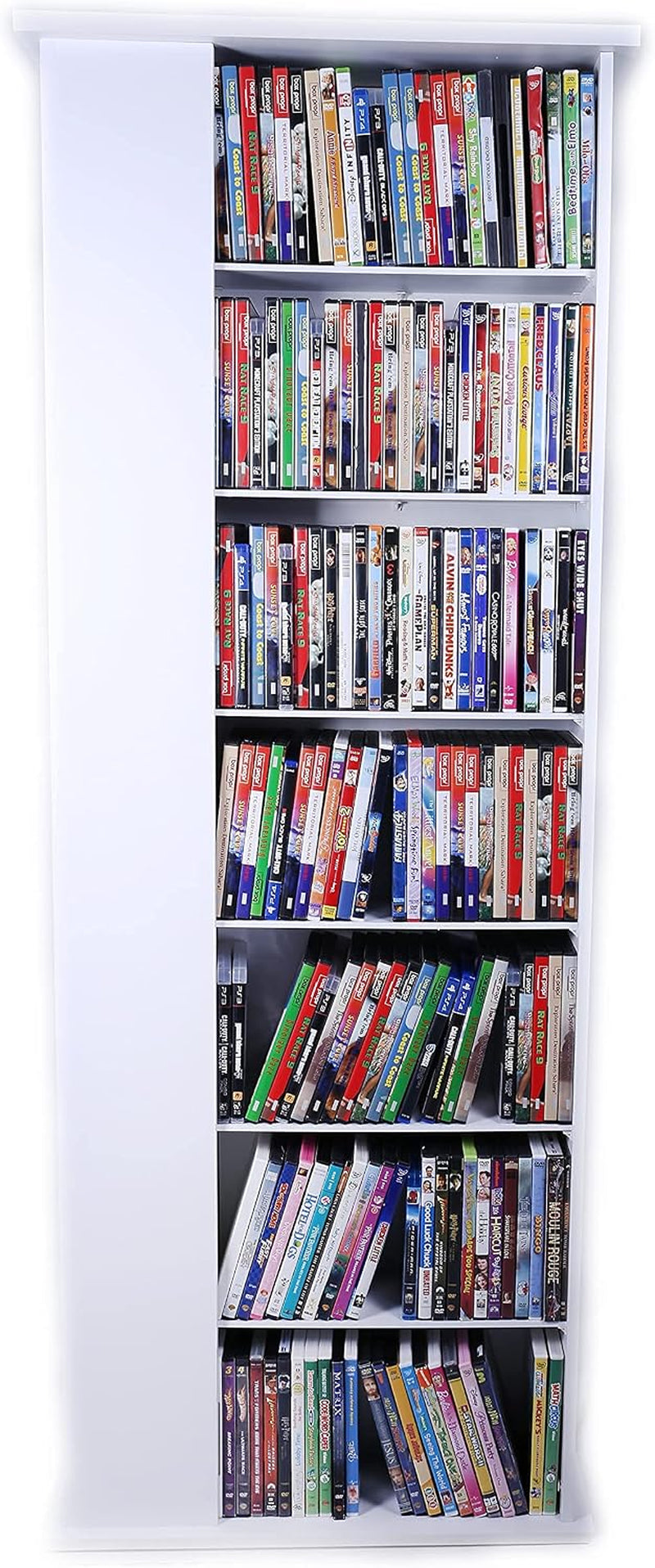 White finish tower interior close-up showing multiple shelves filled with DVDs and game cases.