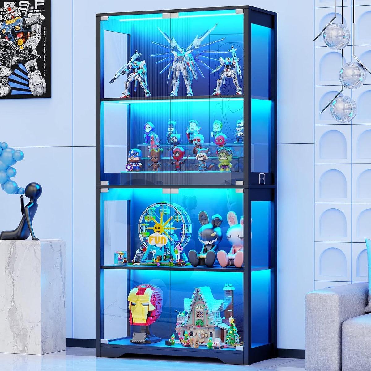 Black 4-tier glass display cabinet with blue LED lighting filled with collectibles, angled front view in a living room.