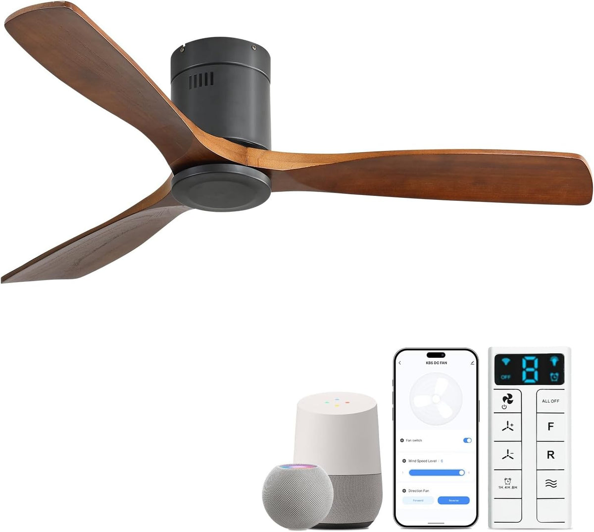 Close-up product shot of a three-blade ceiling fan with dark wood blades and a matte black motor, remote and smart devices
