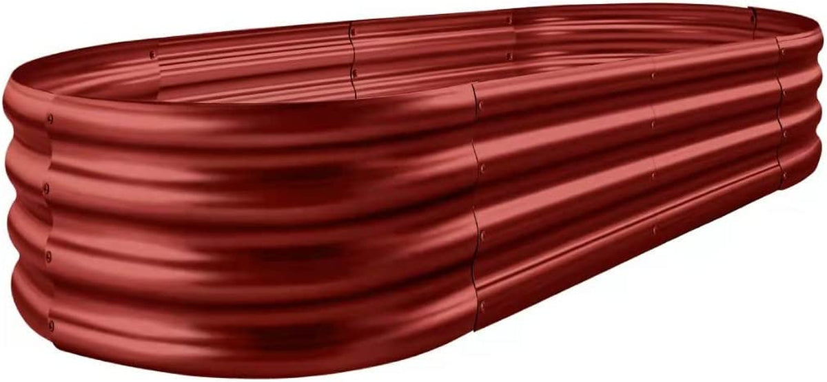 Same oval raised garden bed displayed in a deep red finish, viewed from a front corner