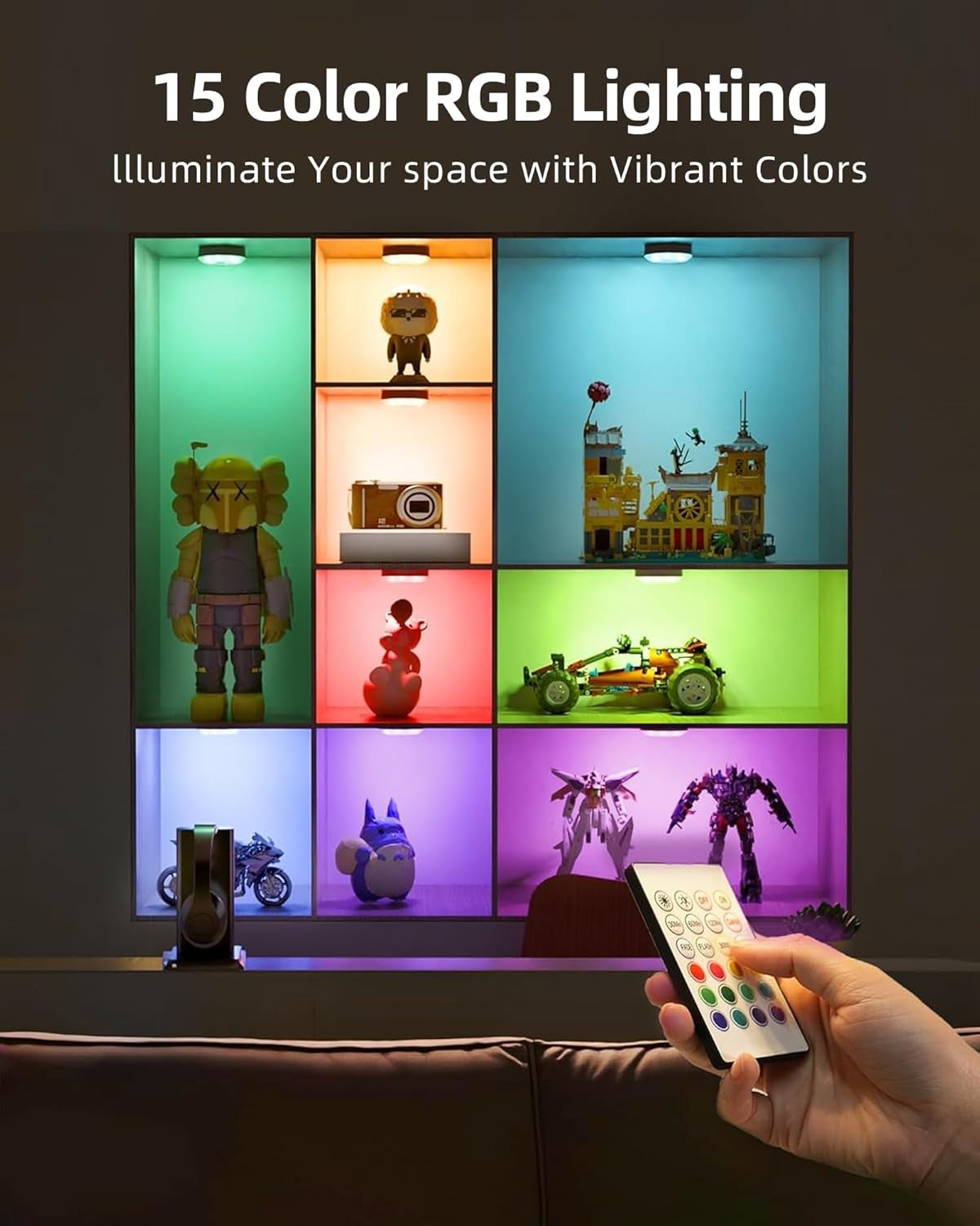 Colorful RGB lighting illuminating display cubbies with a remote control visible in the foreground
