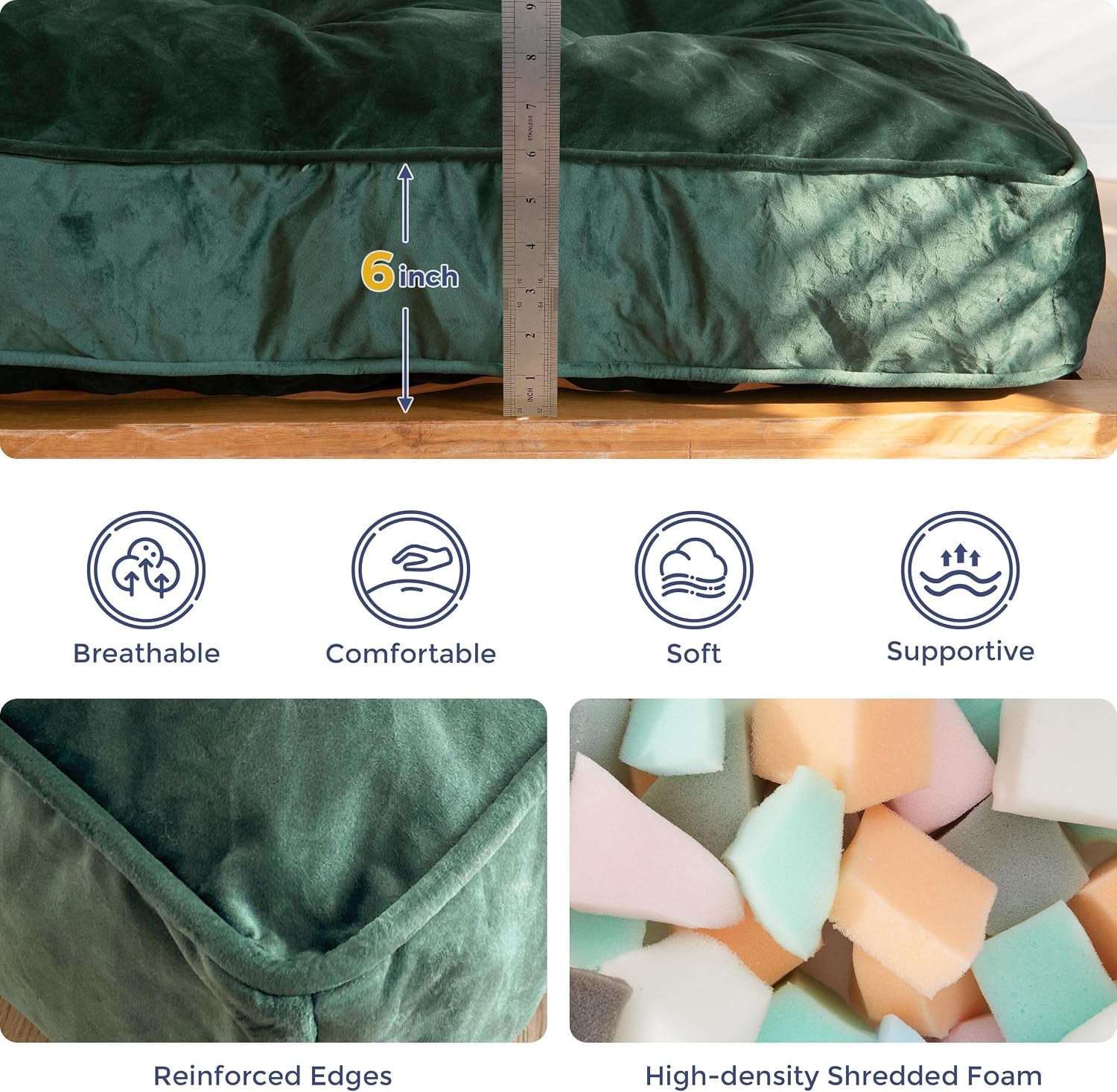 Close-up of green futon mattress side showing a 6-inch height measurement, fabric cover edge and tufted surface texture
