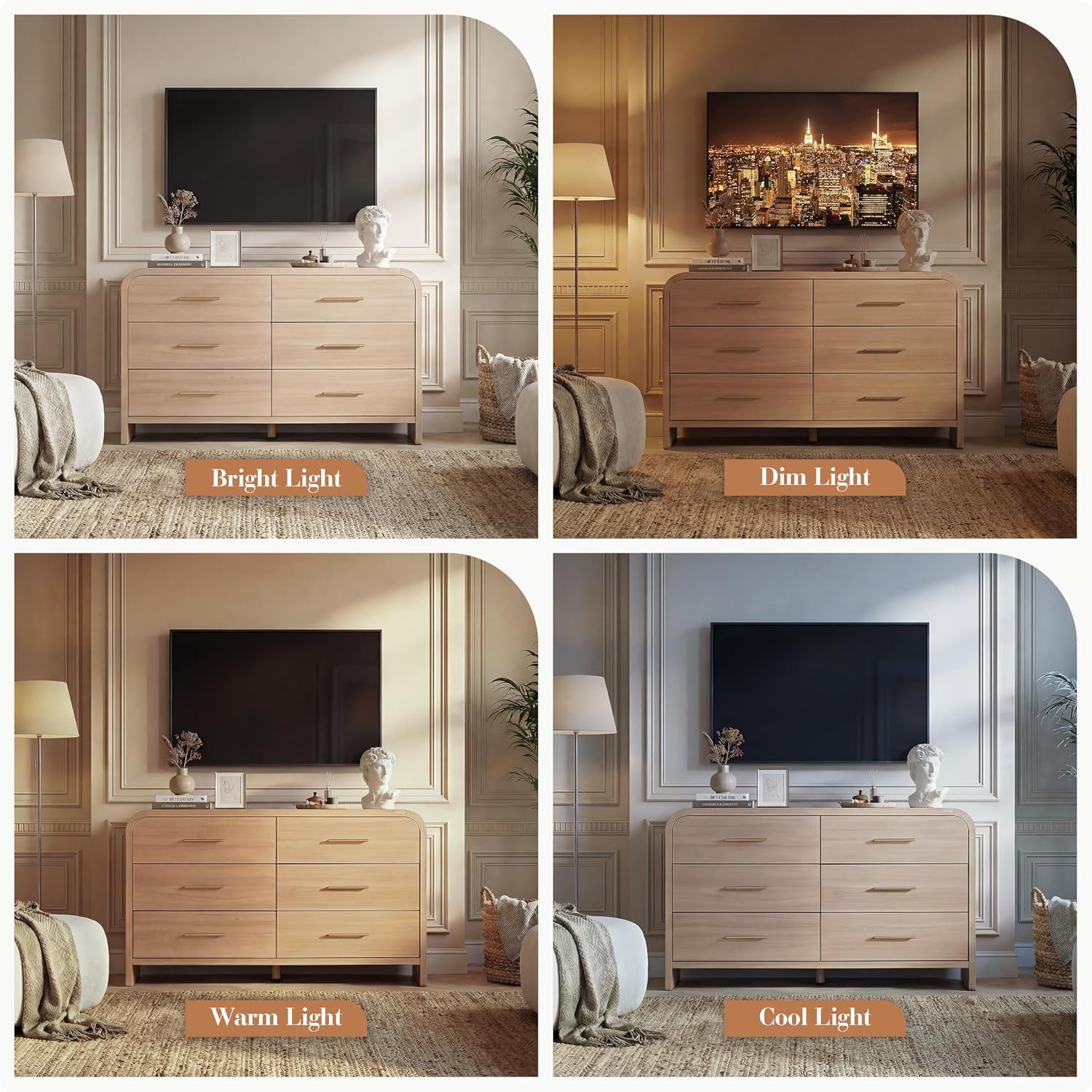 Four-panel comparison showing the dresser under bright, dim, warm, and cool lighting to show finish variation
