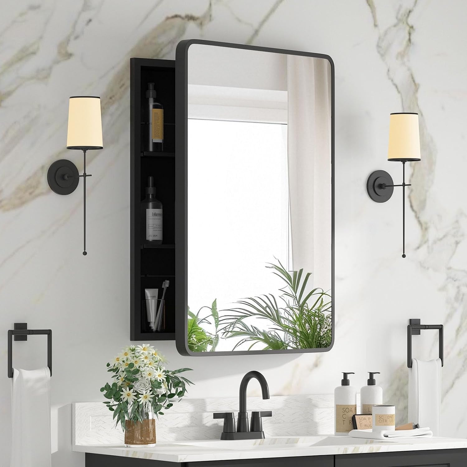 Slightly closer left-side angle showing the cabinet's open side shelving beside a black faucet and wall sconces.