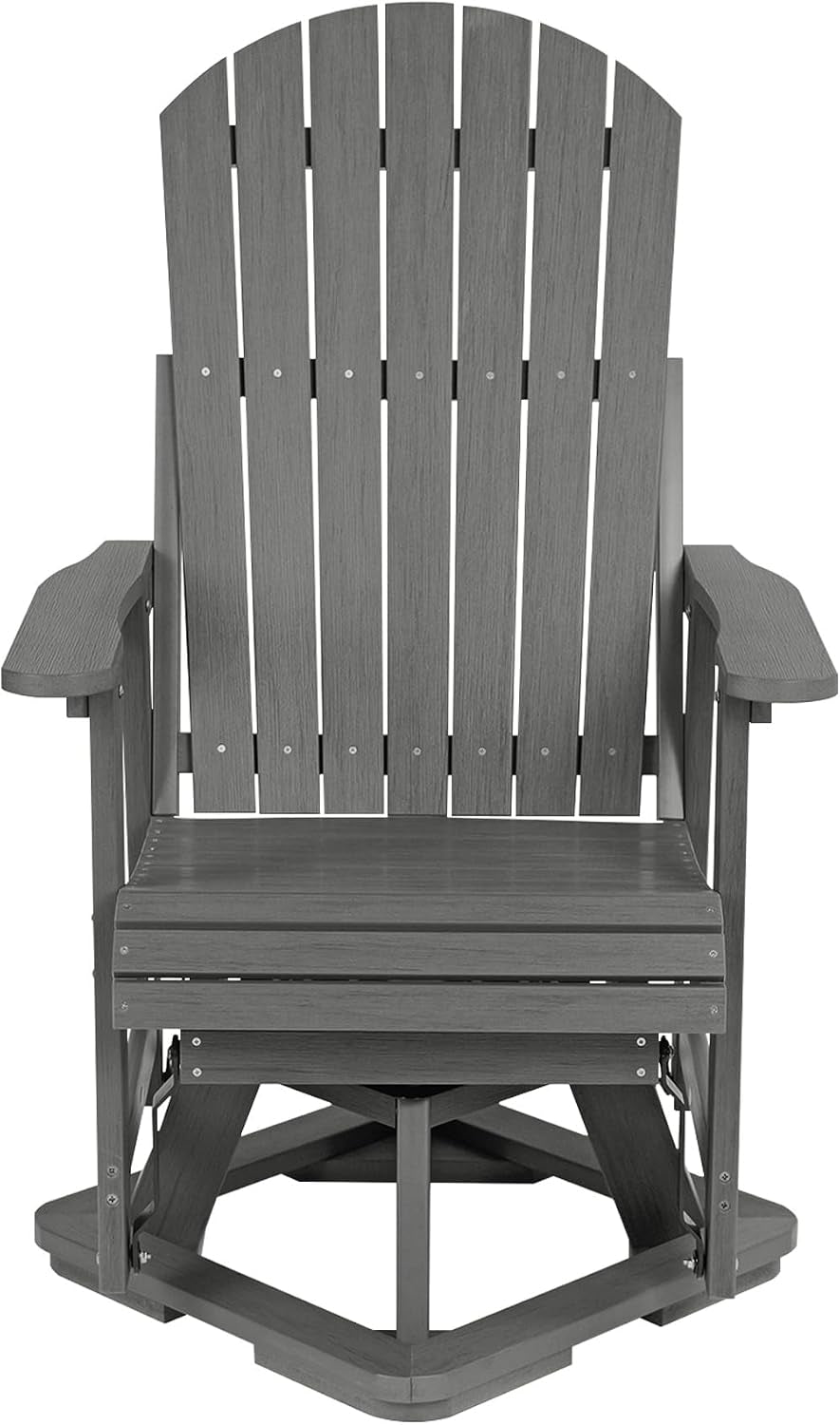 Straight-on front shot highlighting the tall slatted back and square base with cross supports in gray