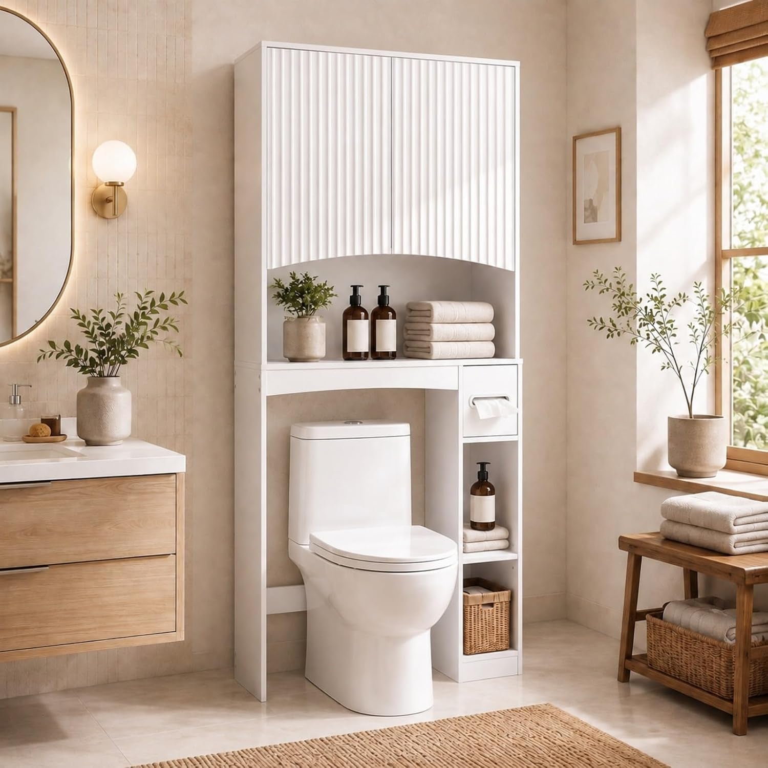 White freestanding over-toilet cabinet with fluted doors, open middle shelf and slim side cubbies above a modern toilet in a