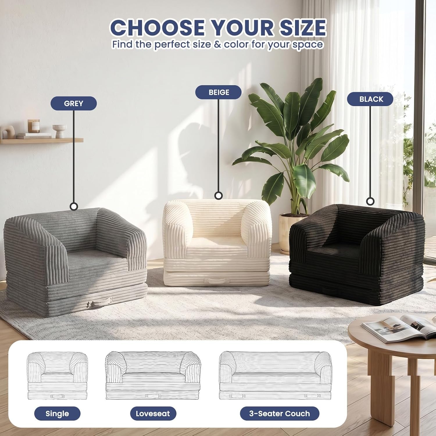 Three corduroy folding sofas side-by-side in gray, beige, and black shown in a sunlit room.