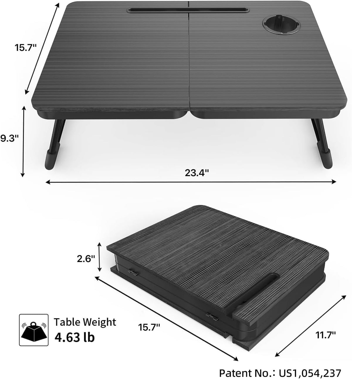 Black foldable lap desk shown open with measurement arrows and a folded profile visible beside it