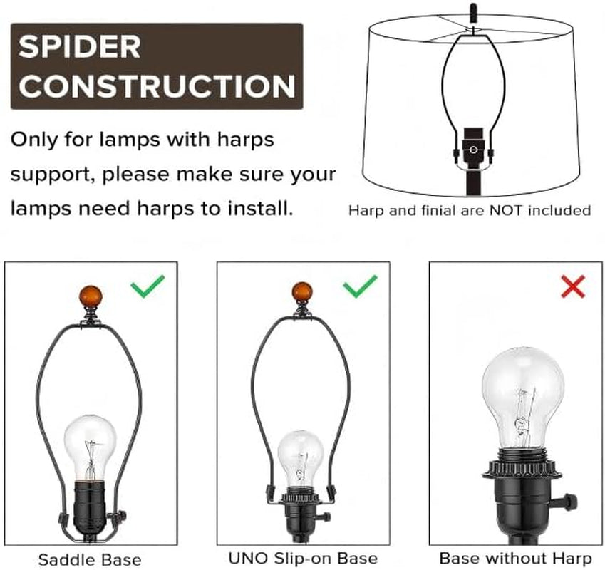 Illustration and photos showing spider construction for harp-supported lamps with examples of compatible lamp bases.