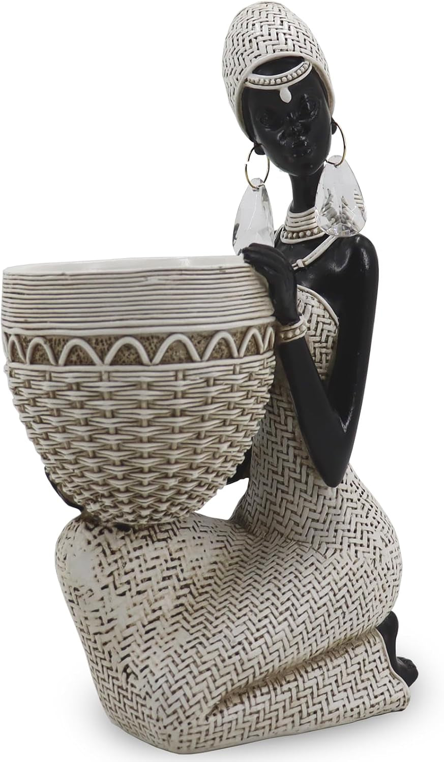 Side view of the white-finished kneeling figurine holding a woven pot, showing crystal teardrop earrings