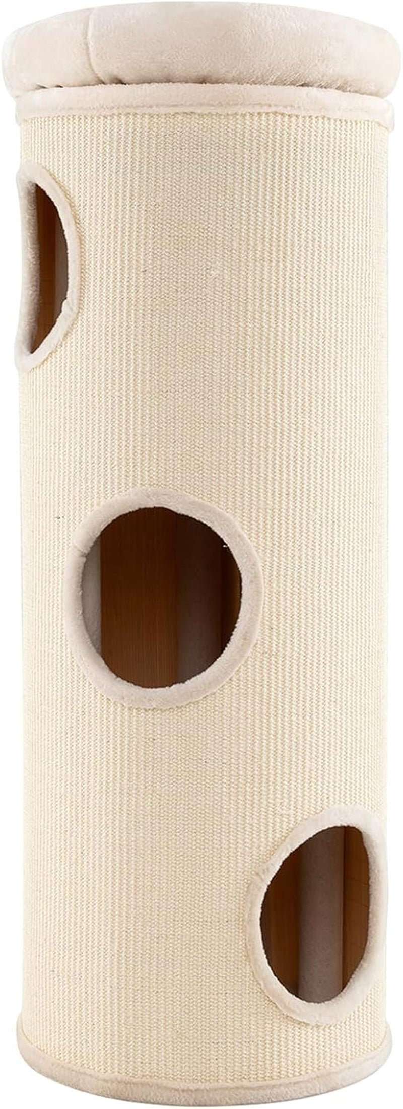 Front view of a tall beige cylindrical cat condo with three round entry holes and textured sisal exterior.