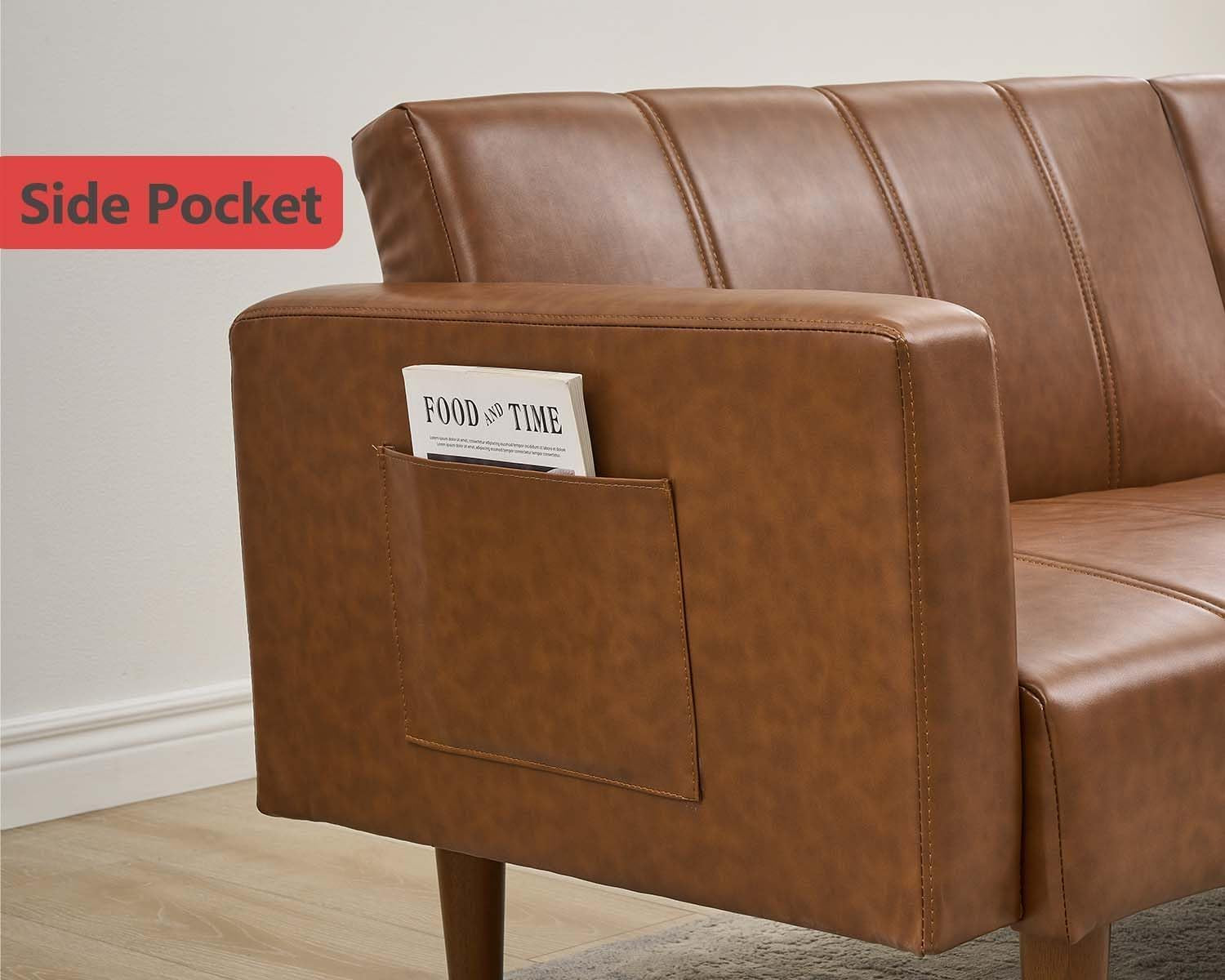 Close-up of the sofa's right arm showing a stitched side pocket holding a magazine.