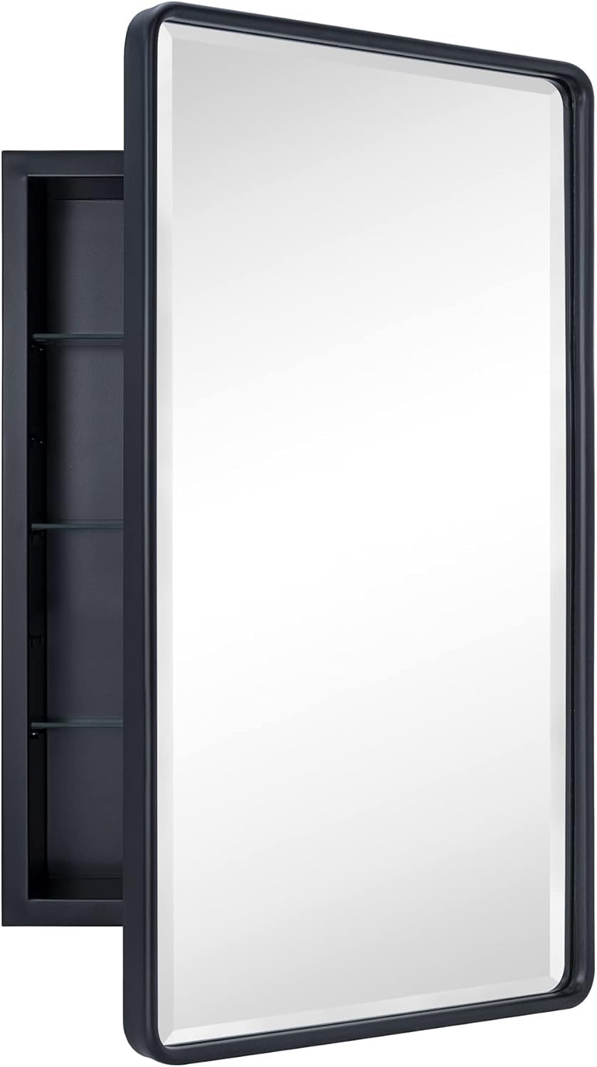 Three-quarter view emphasizing rounded matte-black frame and beveled mirror edge with the cabinet slightly ajar