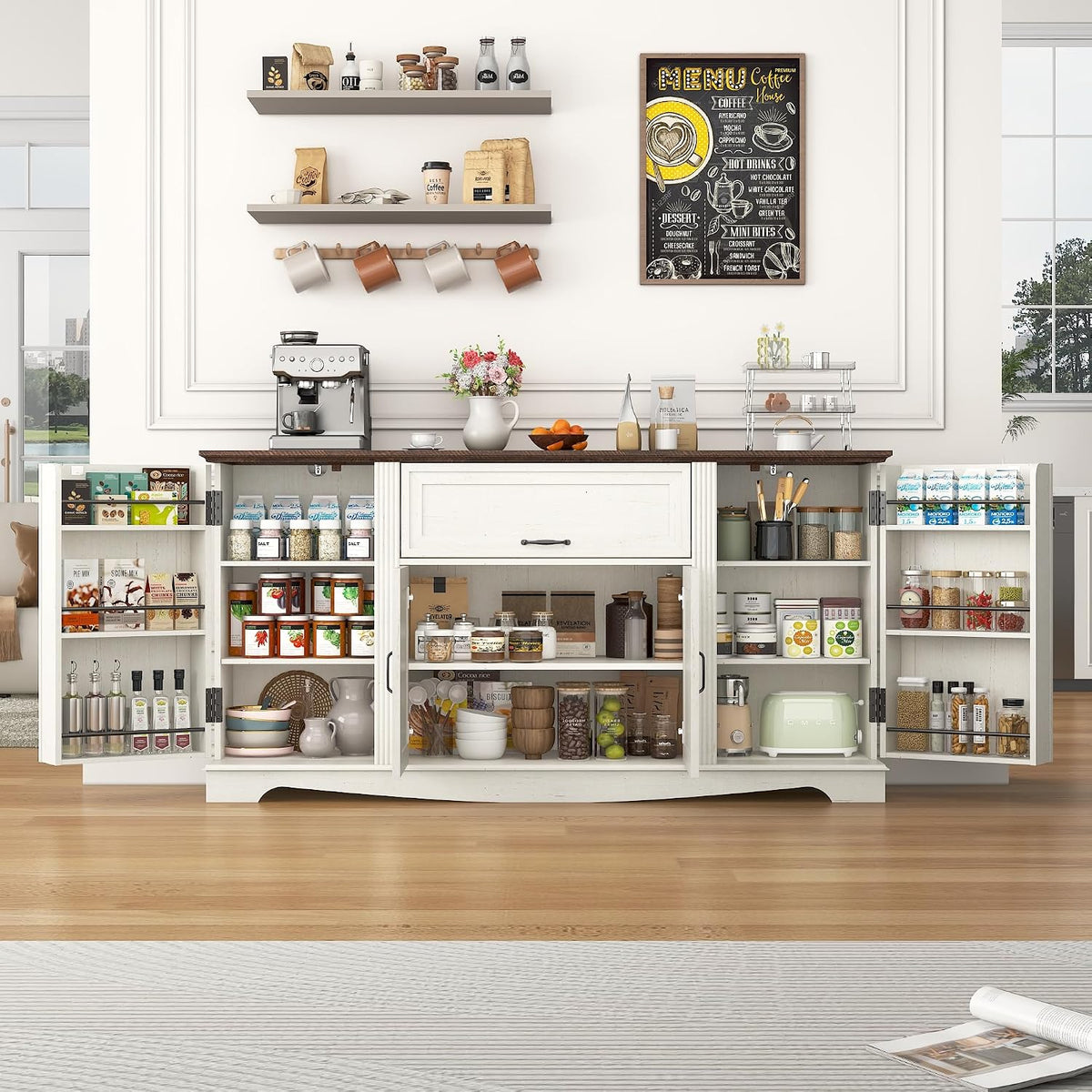 Antique-white sideboard staged in a kitchen with open doors revealing stocked pantry shelves and countertop items