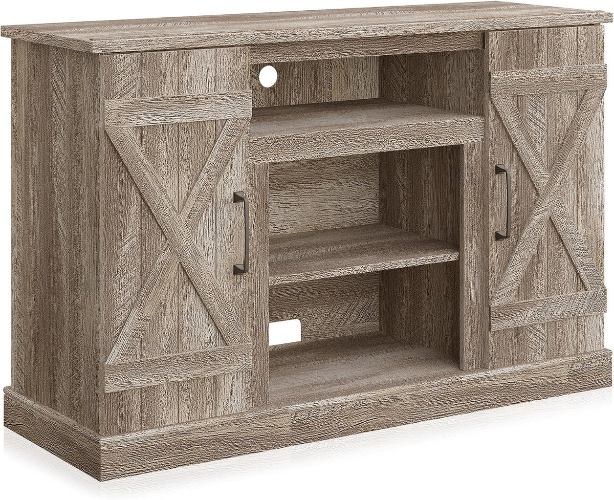 Isolated studio image of the stand in light ash finish showing open shelving and cable hole