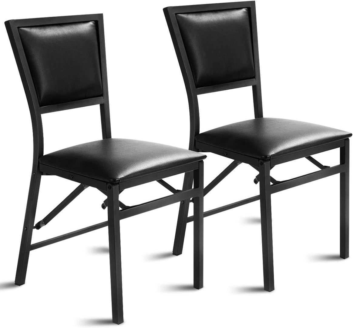Two black folding dining chairs on a white background, angled to show front and side frames.